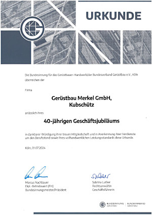 Urkunde Bundesinnung 40 jähriges Geschäftsjubiläum